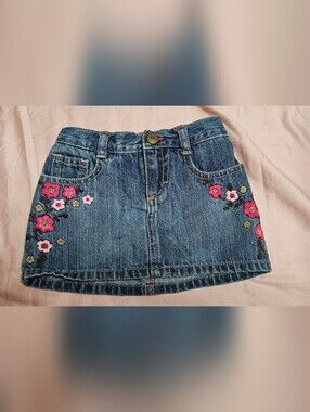 OshKosh B'gosh Vintage Denim Skirt with Pink Floral Embroidery 2T